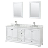 Wyndham Collection - Deborah 80 Inch Double Bathroom Vanity in White, White Carrara Marble Countertop, Undermount Square Sinks, and 24 Inch Mirrors - White
