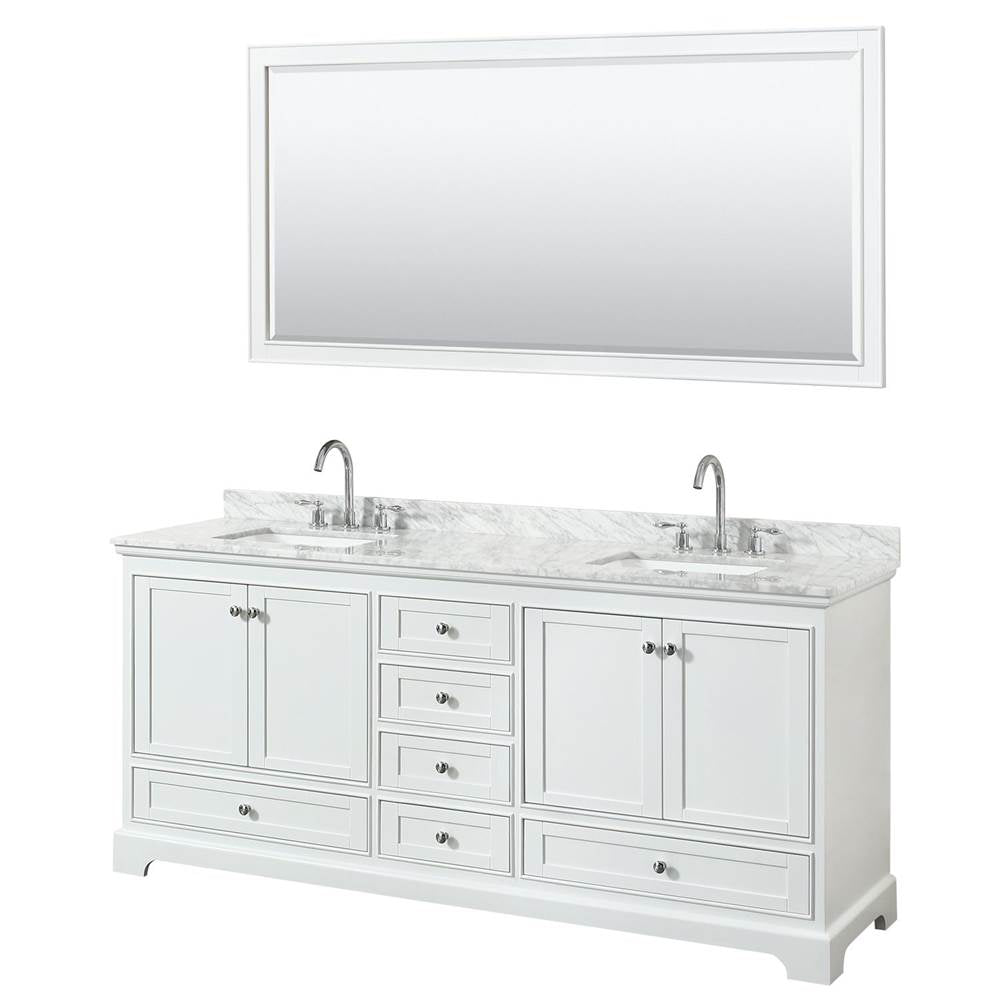 Wyndham Collection - Deborah 80 Inch Double Bathroom Vanity in White, White Carrara Marble Countertop, Undermount Square Sinks, and 70 Inch Mirror - White