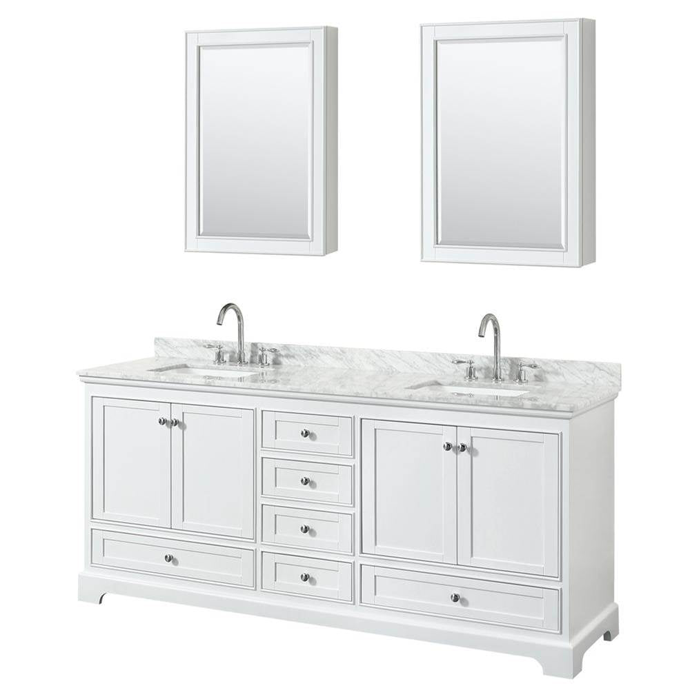 Wyndham Collection - Deborah 80 Inch Double Bathroom Vanity in White, White Carrara Marble Countertop, Undermount Square Sinks, and Medicine Cabinets - White