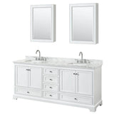 Wyndham Collection - Deborah 80 Inch Double Bathroom Vanity in White, White Carrara Marble Countertop, Undermount Square Sinks, and Medicine Cabinets - White