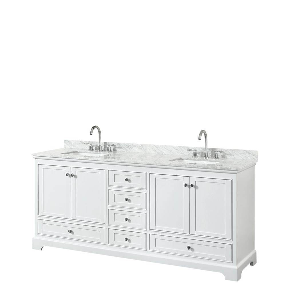 Wyndham Collection - Deborah 80 Inch Double Bathroom Vanity in White, White Carrara Marble Countertop, Undermount Square Sinks, and No Mirror - White