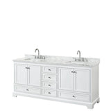 Wyndham Collection - Deborah 80 Inch Double Bathroom Vanity in White, White Carrara Marble Countertop, Undermount Square Sinks, and No Mirror - White
