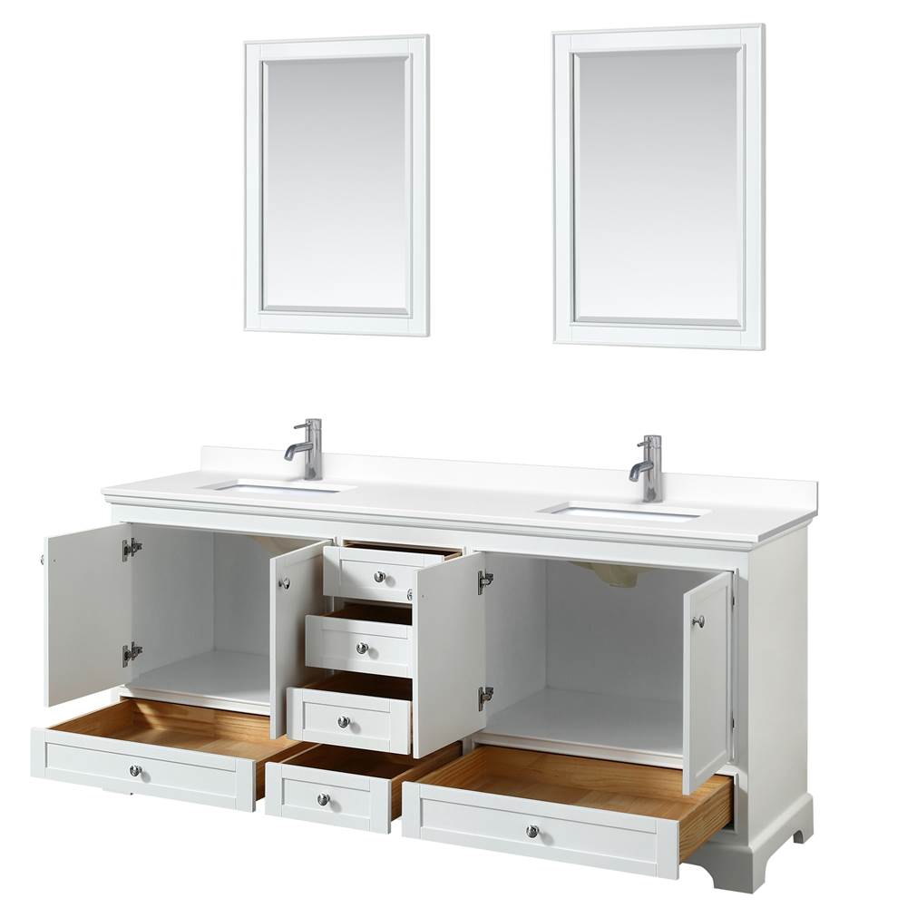 Deborah 80 Inch Double Bathroom Vanity in White, White Cultured Marble Countertop, Undermount Square Sinks, 24 Inch Mirrors