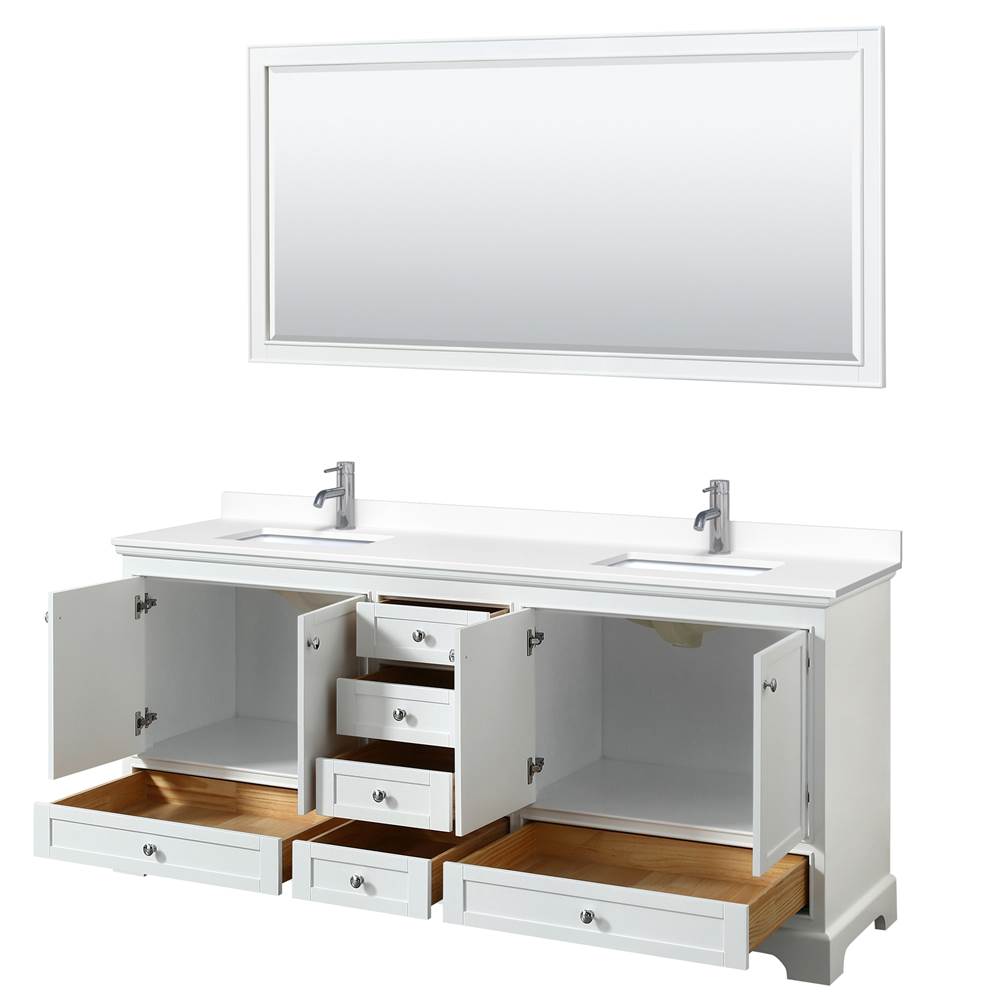 Deborah 80 Inch Double Bathroom Vanity in White, White Cultured Marble Countertop, Undermount Square Sinks, 70 Inch Mirror