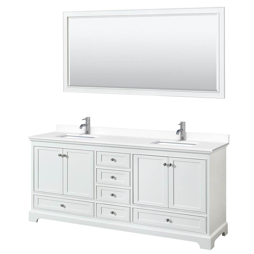 Wyndham Collection - Deborah 80 Inch Double Bathroom Vanity in White, White Cultured Marble Countertop, Undermount Square Sinks, 70 Inch Mirror