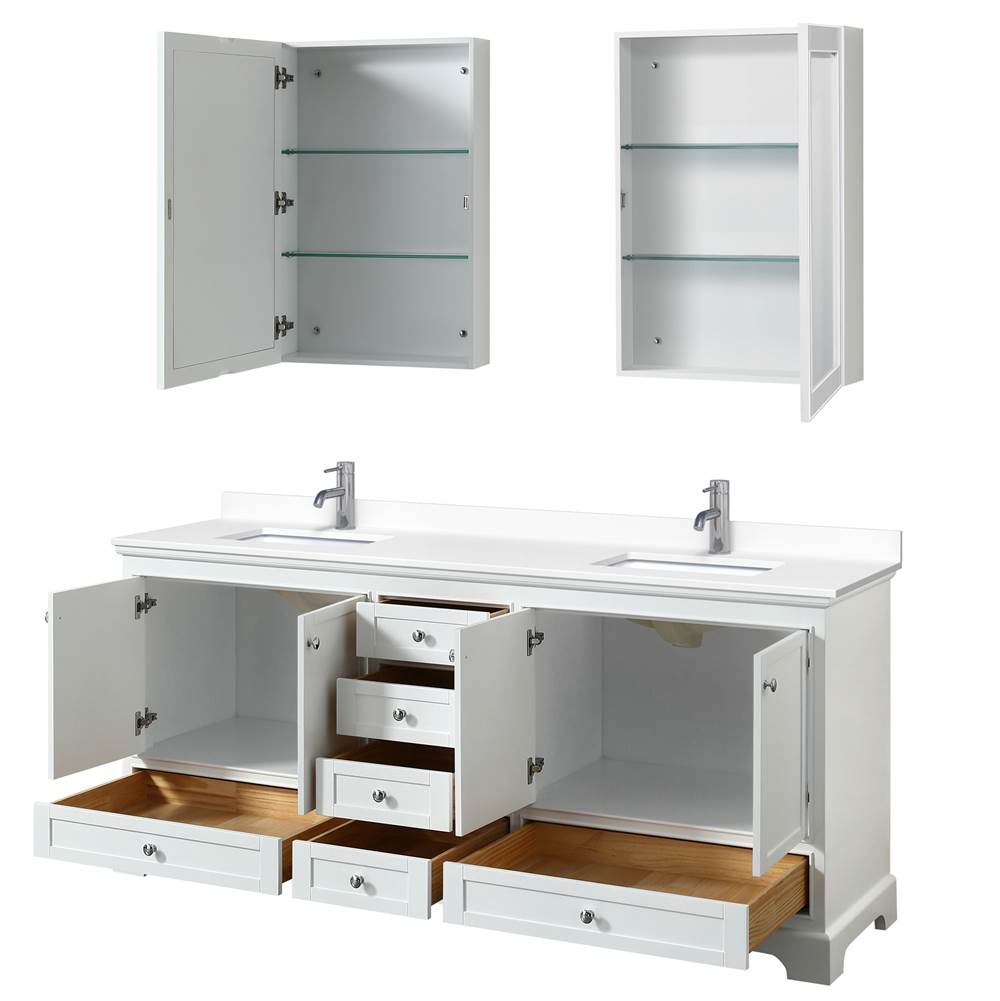 Deborah 80 Inch Double Bathroom Vanity in White, White Cultured Marble Countertop, Undermount Square Sinks, Medicine Cabinets