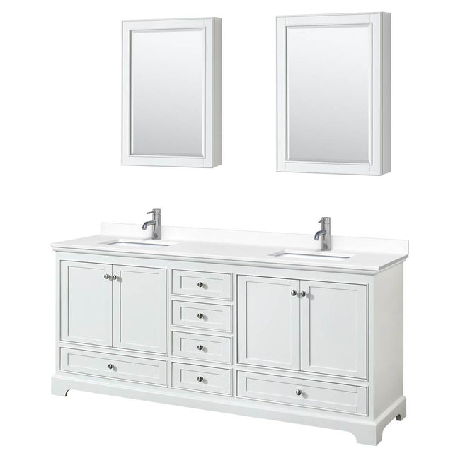 Wyndham Collection - Deborah 80 Inch Double Bathroom Vanity in White, White Cultured Marble Countertop, Undermount Square Sinks, Medicine Cabinets