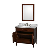 Hatton 36 Inch Single Bathroom Vanity in Dark Chestnut, White Carrara Marble Countertop, Undermount Oval Sink, and 24 Inch Mirror