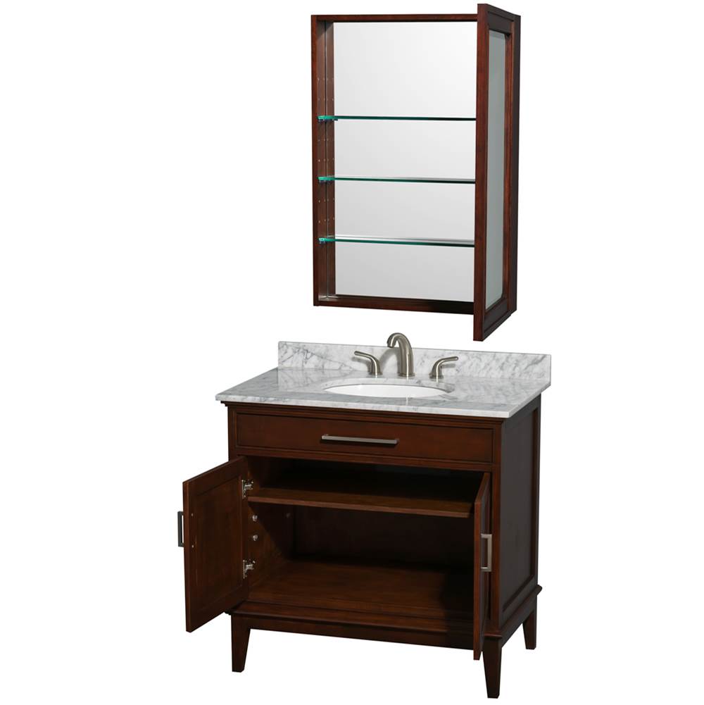 Hatton 36 Inch Single Bathroom Vanity in Dark Chestnut, White Carrara Marble Countertop, Undermount Oval Sink, and Medicine Cabinet