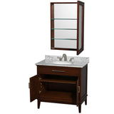 Hatton 36 Inch Single Bathroom Vanity in Dark Chestnut, White Carrara Marble Countertop, Undermount Oval Sink, and Medicine Cabinet