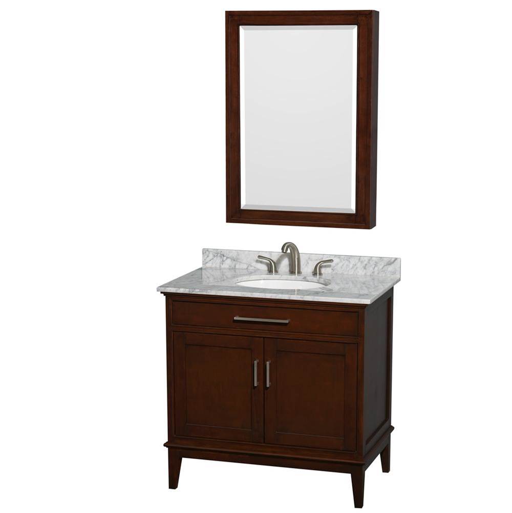 Wyndham Collection - Hatton 36 Inch Single Bathroom Vanity in Dark Chestnut, White Carrara Marble Countertop, Undermount Oval Sink, and Medicine Cabinet - Dark Chestnut
