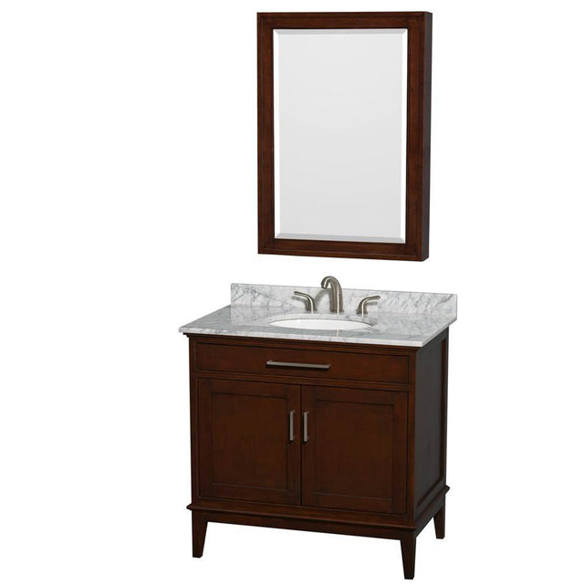 Wyndham Collection - Hatton 36 Inch Single Bathroom Vanity in Dark Chestnut, White Carrara Marble Countertop, Undermount Oval Sink, and Medicine Cabinet - Dark Chestnut