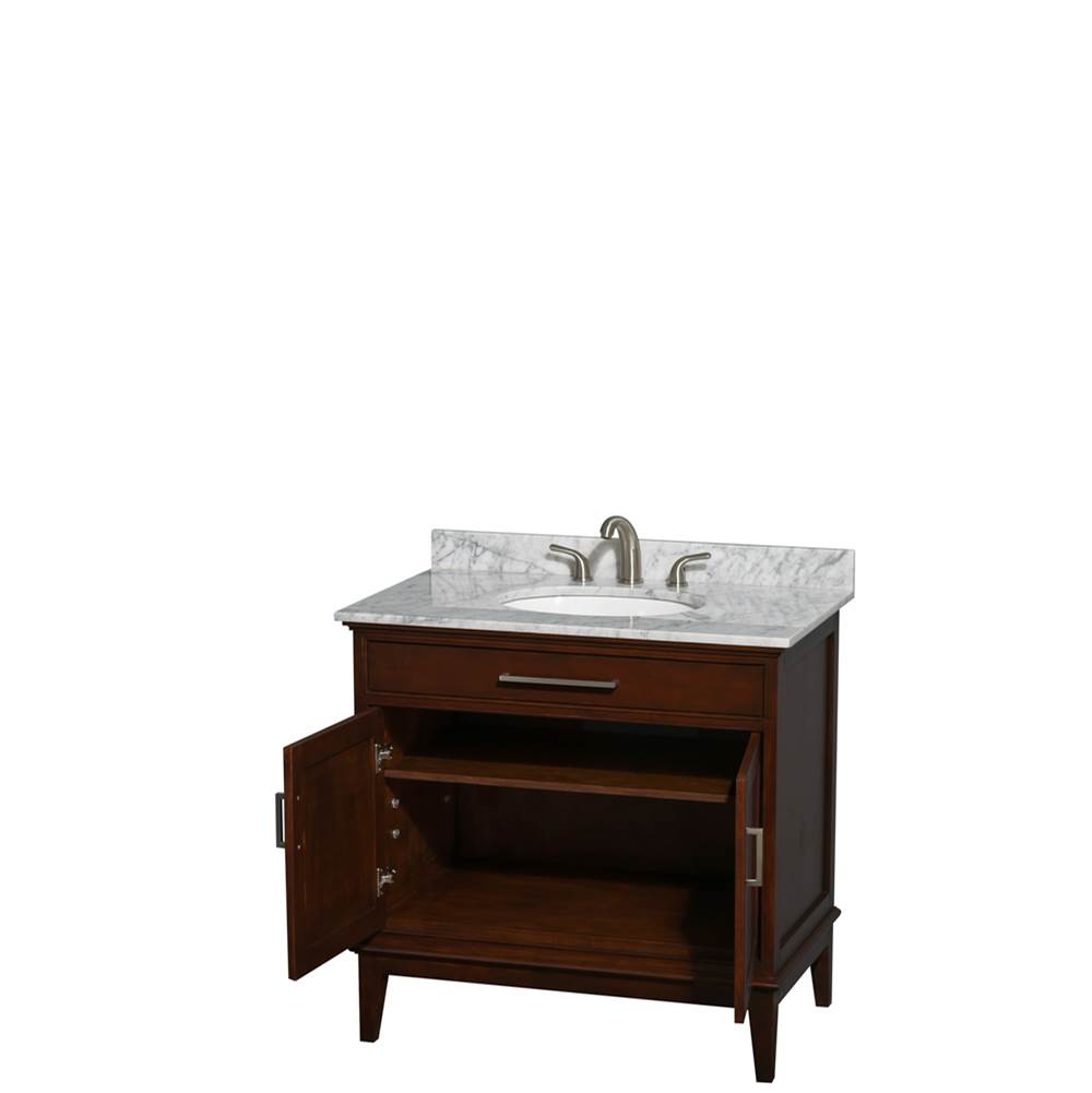 Hatton 36 Inch Single Bathroom Vanity in Dark Chestnut, White Carrara Marble Countertop, Undermount Oval Sink, and No Mirror