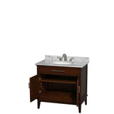 Hatton 36 Inch Single Bathroom Vanity in Dark Chestnut, White Carrara Marble Countertop, Undermount Oval Sink, and No Mirror