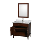 Hatton 36 Inch Single Bathroom Vanity in Dark Chestnut, White Carrara Marble Countertop, Undermount Square Sink, and 24 Inch Mirror
