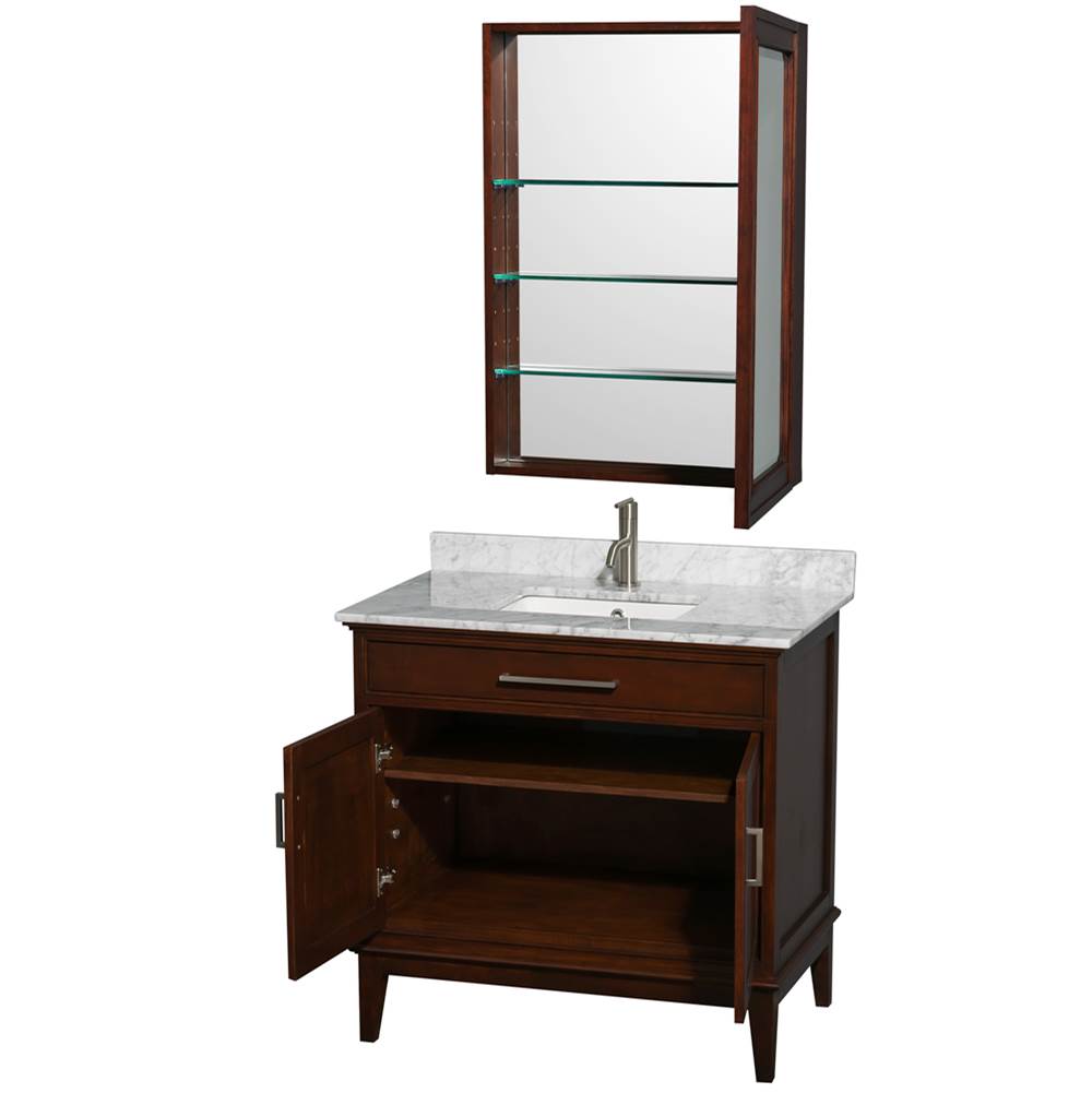 Hatton 36 Inch Single Bathroom Vanity in Dark Chestnut, White Carrara Marble Countertop, Undermount Square Sink, and Medicine Cabinet