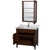 Hatton 36 Inch Single Bathroom Vanity in Dark Chestnut, White Carrara Marble Countertop, Undermount Square Sink, and Medicine Cabinet