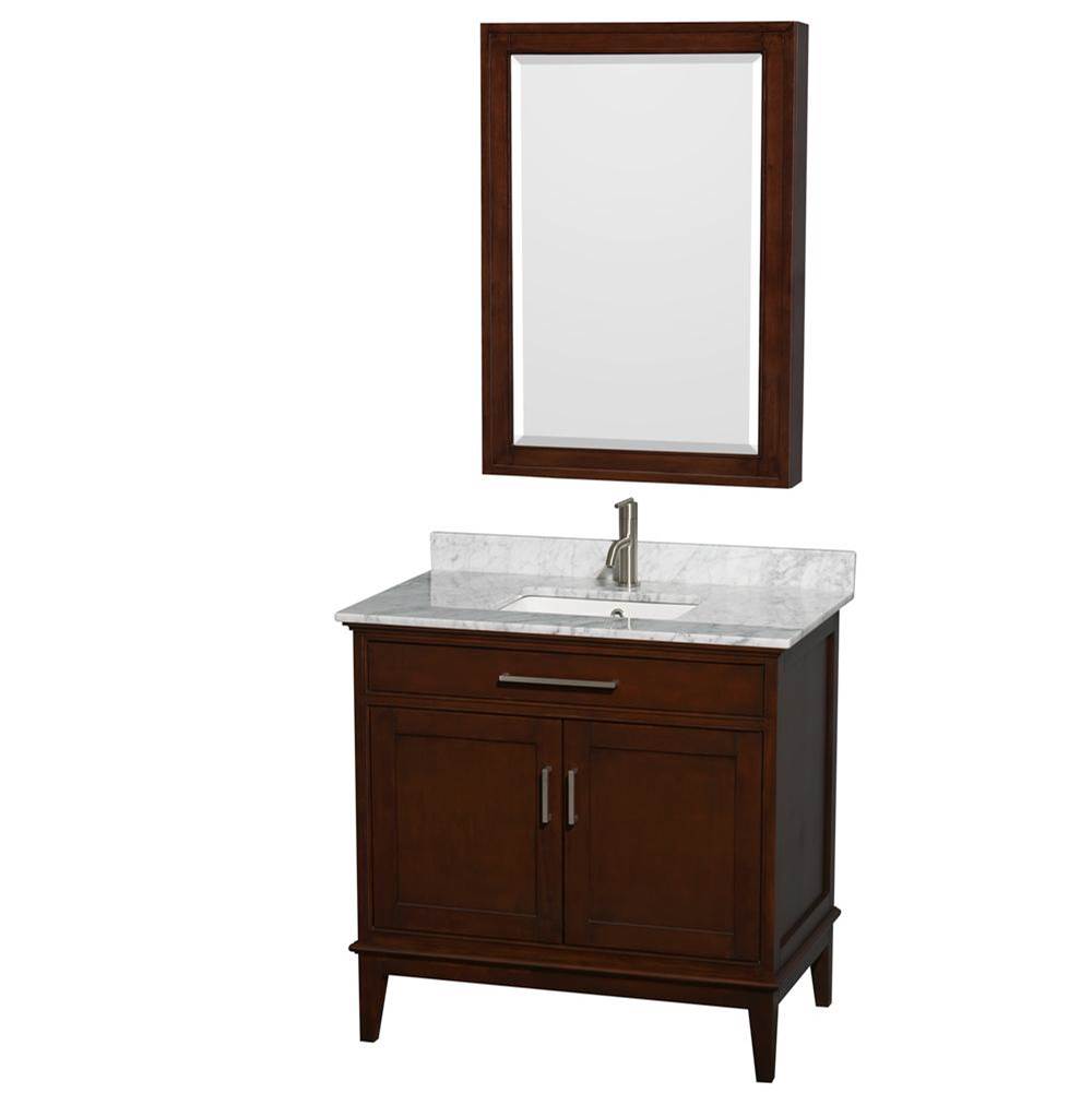 Wyndham Collection - Hatton 36 Inch Single Bathroom Vanity in Dark Chestnut, White Carrara Marble Countertop, Undermount Square Sink, and Medicine Cabinet - Dark Chestnut