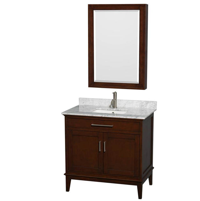 Wyndham Collection - Hatton 36 Inch Single Bathroom Vanity in Dark Chestnut, White Carrara Marble Countertop, Undermount Square Sink, and Medicine Cabinet - Dark Chestnut