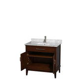 Hatton 36 Inch Single Bathroom Vanity in Dark Chestnut, White Carrara Marble Countertop, Undermount Square Sink, and No Mirror