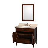 Hatton 36 Inch Single Bathroom Vanity in Dark Chestnut, Ivory Marble Countertop, Undermount Oval Sink, and 24 Inch Mirror