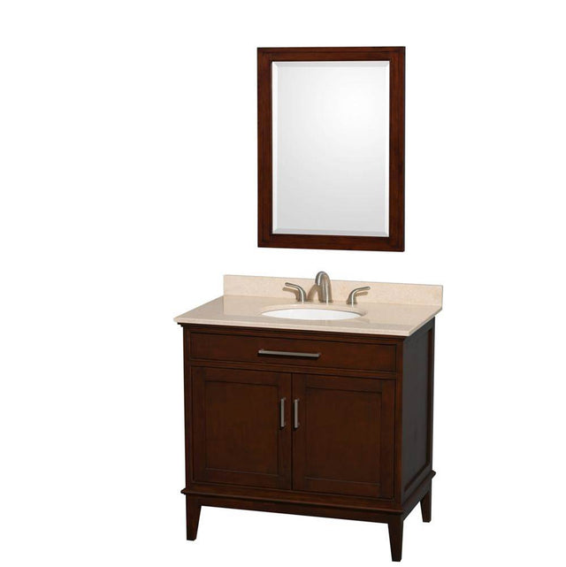 Wyndham Collection - Hatton 36 Inch Single Bathroom Vanity in Dark Chestnut, Ivory Marble Countertop, Undermount Oval Sink, and 24 Inch Mirror - Dark Chestnut