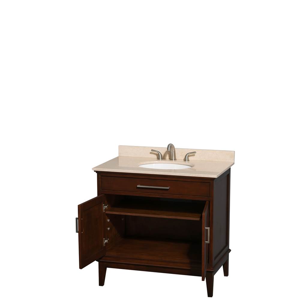 Hatton 36 Inch Single Bathroom Vanity in Dark Chestnut, Ivory Marble Countertop, Undermount Oval Sink, and No Mirror