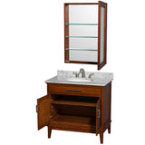 Hatton 36 Inch Single Bathroom Vanity in Dark Chestnut, White Carrara Marble Countertop, Undermount Oval Sink, and Medicine Cabinet