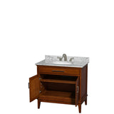 Hatton 36 Inch Single Bathroom Vanity in Dark Chestnut, White Carrara Marble Countertop, Undermount Oval Sink, and No Mirror