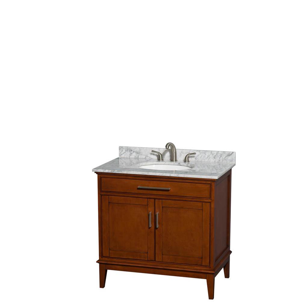 Wyndham Collection - Hatton 36 Inch Single Bathroom Vanity in Light Chestnut, White Carrara Marble Countertop, Undermount Oval Sink, and No Mirror - Light Chestnut