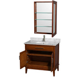 Hatton 36 Inch Single Bathroom Vanity in Dark Chestnut, White Carrara Marble Countertop, Undermount Square Sink, and Medicine Cabinet