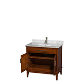 Hatton 36 Inch Single Bathroom Vanity in Dark Chestnut, White Carrara Marble Countertop, Undermount Square Sink, and No Mirror