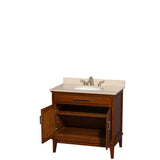 Hatton 36 Inch Single Bathroom Vanity in Dark Chestnut, Ivory Marble Countertop, Undermount Oval Sink, and No Mirror