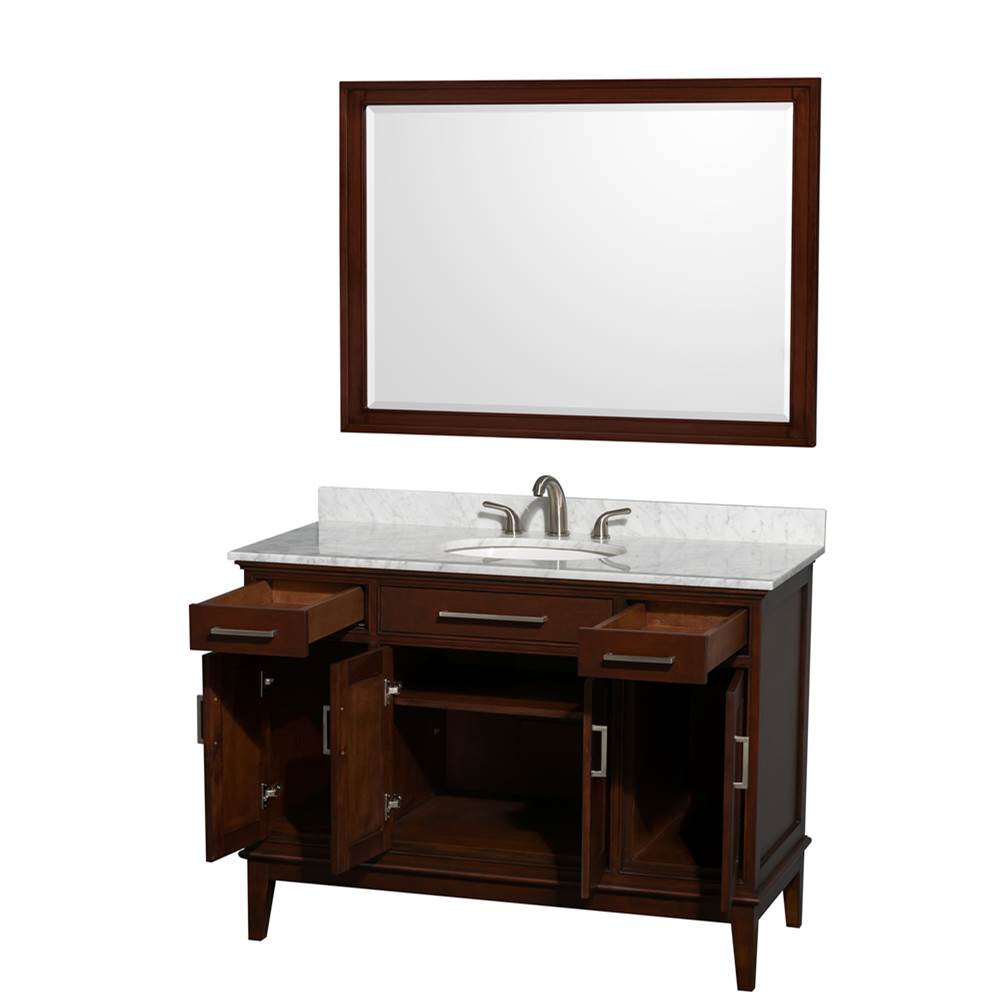Hatton 48 Inch Single Bathroom Vanity in Dark Chestnut, White Carrara Marble Countertop, Undermount Oval Sink, and 44 Inch Mirror
