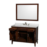 Hatton 48 Inch Single Bathroom Vanity in Dark Chestnut, White Carrara Marble Countertop, Undermount Oval Sink, and 44 Inch Mirror