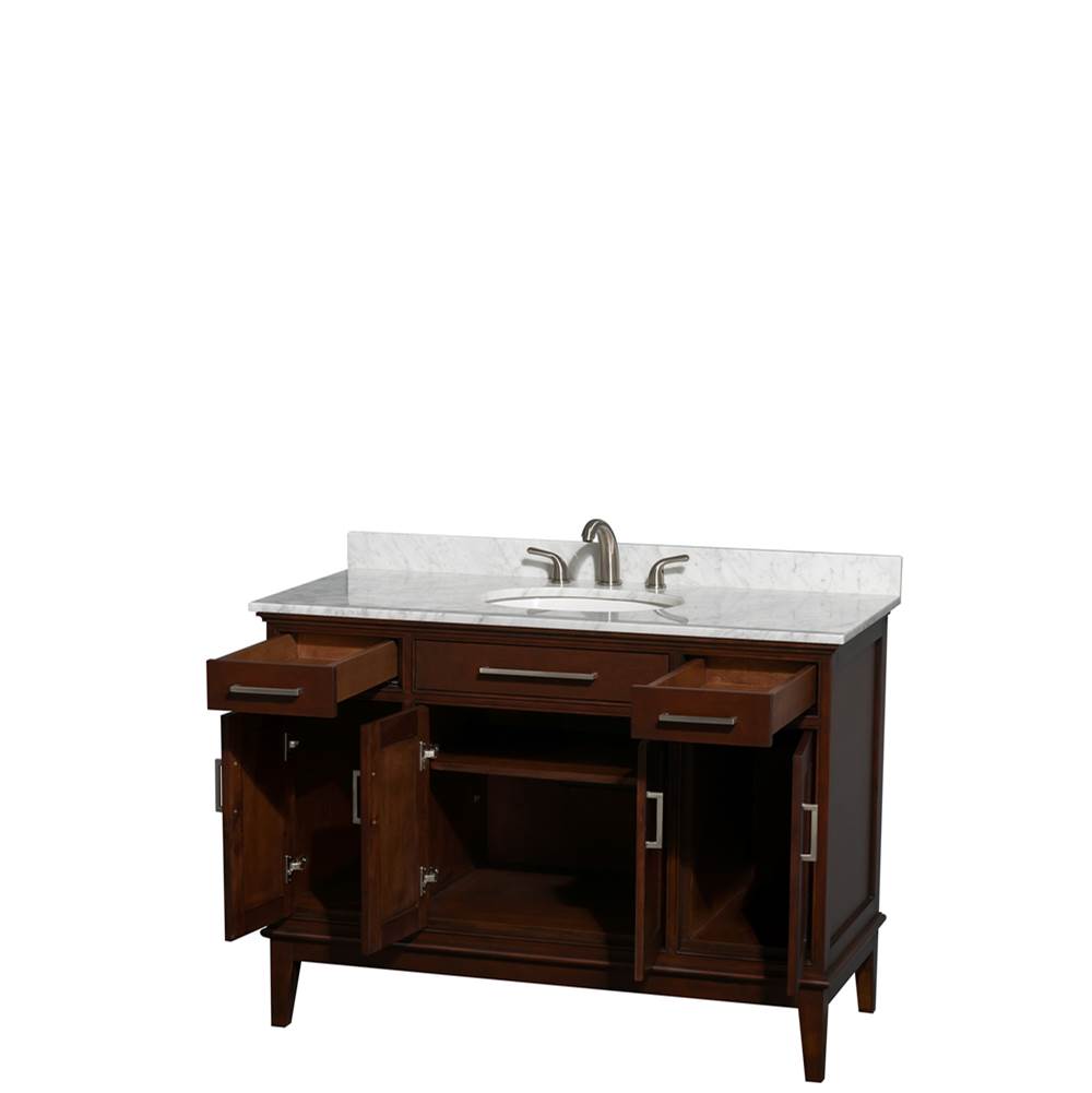 Hatton 48 Inch Single Bathroom Vanity in Dark Chestnut, White Carrara Marble Countertop, Undermount Oval Sink, and No Mirror