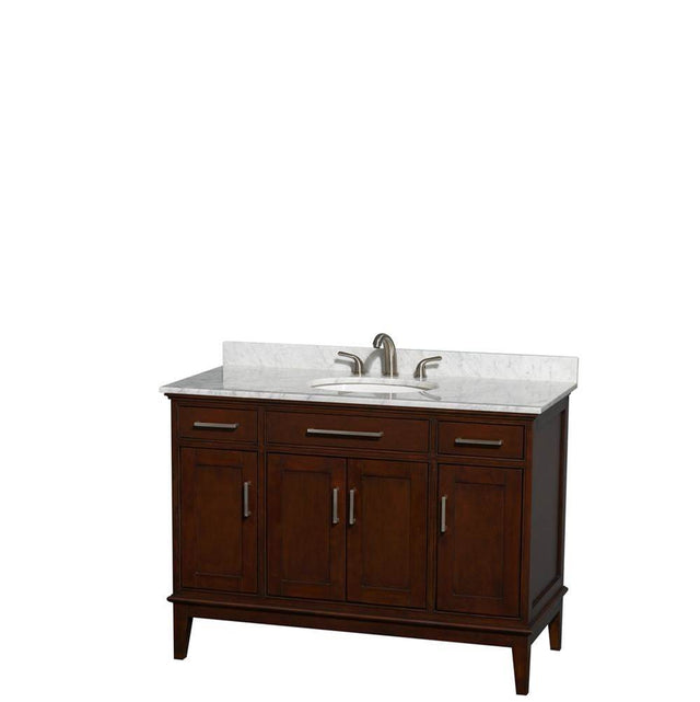 Wyndham Collection - Hatton 48 Inch Single Bathroom Vanity in Dark Chestnut, White Carrara Marble Countertop, Undermount Oval Sink, and No Mirror - Dark Chestnut