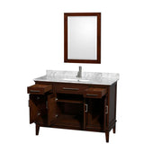 Hatton 48 Inch Single Bathroom Vanity in Dark Chestnut, White Carrara Marble Countertop, Undermount Square Sink, and 24 Inch Mirror