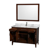 Hatton 48 Inch Single Bathroom Vanity in Dark Chestnut, White Carrara Marble Countertop, Undermount Square Sink, and 44 Inch Mirror