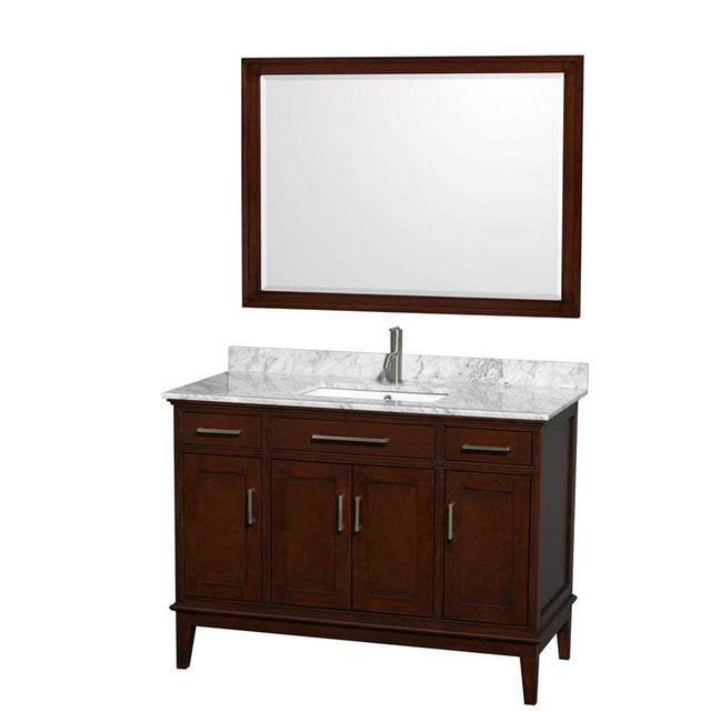 Wyndham Collection - Hatton 48 Inch Single Bathroom Vanity in Dark Chestnut, White Carrara Marble Countertop, Undermount Square Sink, and 44 Inch Mirror - Dark Chestnut