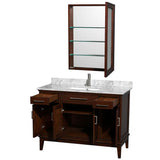 Hatton 48 Inch Single Bathroom Vanity in Dark Chestnut, White Carrara Marble Countertop, Undermount Square Sink, and Medicine Cabinet