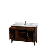 Hatton 48 Inch Single Bathroom Vanity in Dark Chestnut, White Carrara Marble Countertop, Undermount Square Sink, and No Mirror