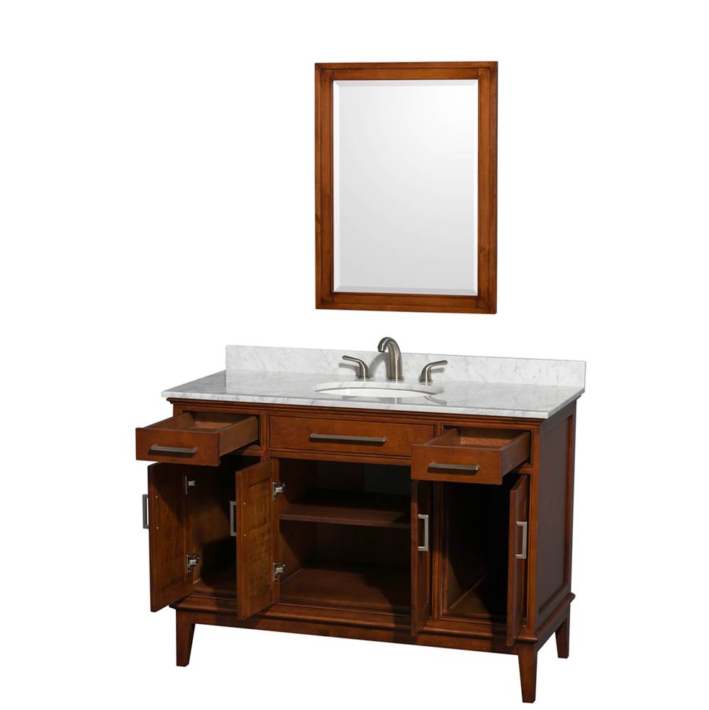 Hatton 48 Inch Single Bathroom Vanity in Dark Chestnut, White Carrara Marble Countertop, Undermount Oval Sink, and 24 Inch Mirror