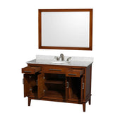 Hatton 48 Inch Single Bathroom Vanity in Dark Chestnut, White Carrara Marble Countertop, Undermount Oval Sink, and 44 Inch Mirror