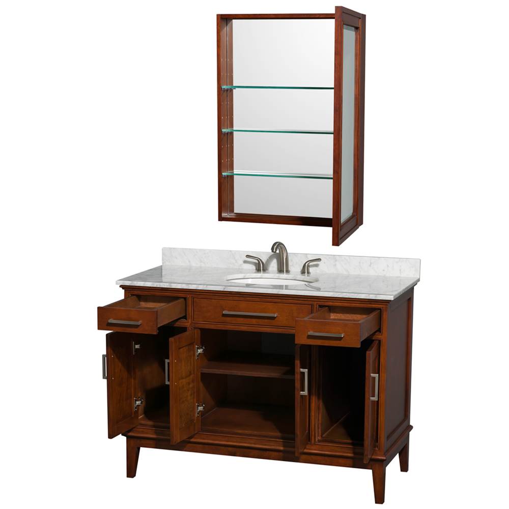 Hatton 48 Inch Single Bathroom Vanity in Dark Chestnut, White Carrara Marble Countertop, Undermount Oval Sink, and Medicine Cabinet
