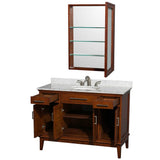 Hatton 48 Inch Single Bathroom Vanity in Dark Chestnut, White Carrara Marble Countertop, Undermount Oval Sink, and Medicine Cabinet