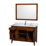 Hatton 48 Inch Single Bathroom Vanity in Dark Chestnut, White Carrara Marble Countertop, Undermount Square Sink, and 44 Inch Mirror