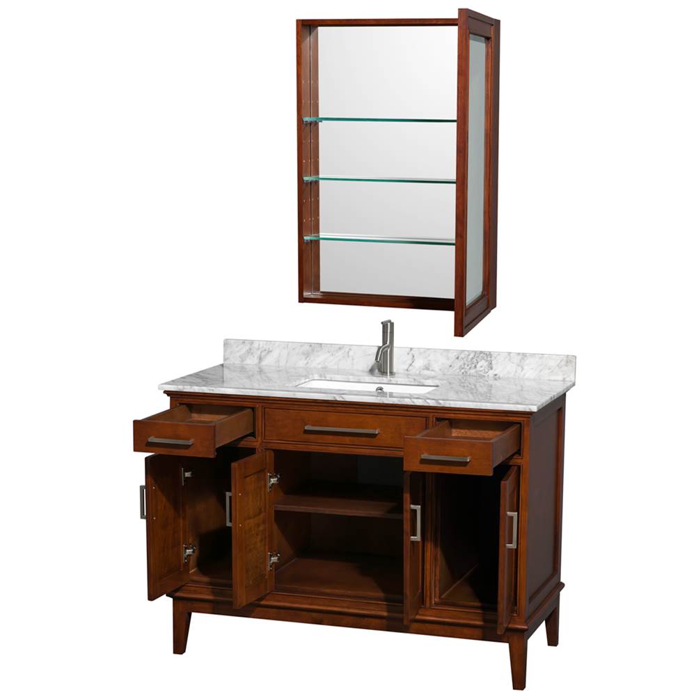 Hatton 48 Inch Single Bathroom Vanity in Dark Chestnut, White Carrara Marble Countertop, Undermount Square Sink, and Medicine Cabinet