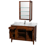 Hatton 48 Inch Single Bathroom Vanity in Dark Chestnut, White Carrara Marble Countertop, Undermount Square Sink, and Medicine Cabinet