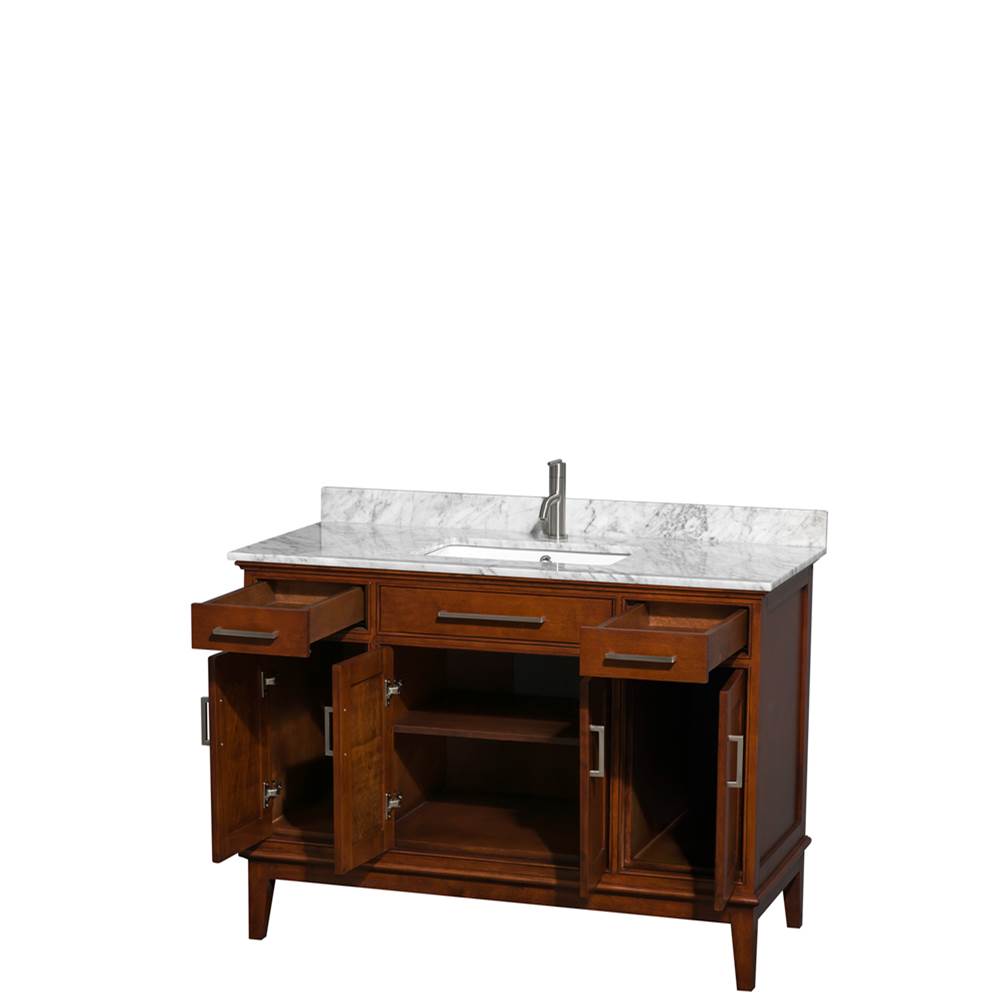 Hatton 48 Inch Single Bathroom Vanity in Dark Chestnut, White Carrara Marble Countertop, Undermount Square Sink, and No Mirror